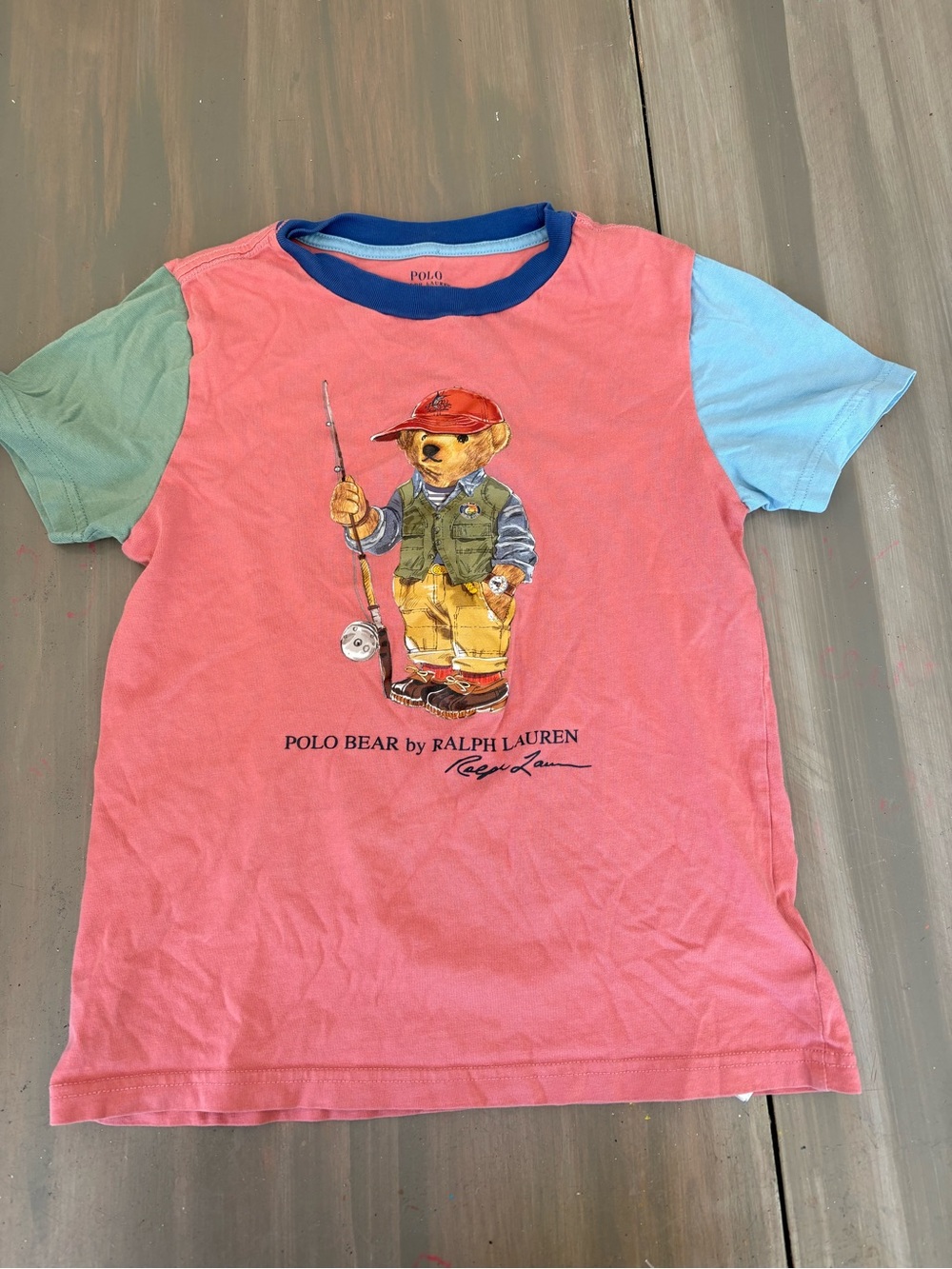 Polo by Ralph Lauren Pink Polo Bear Fishing Tee with Blue & Green Sleeves
